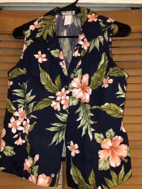 Ky's Hawaiian Cotton Sleeveless Shirt Floral Print Dark Navy Blue Size M