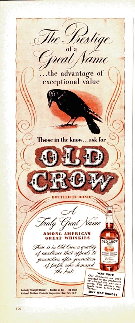 1943 Old Crow Whiskey Vintage 1/2 Page  Print Ad World War 11 Era Buy War Bonds