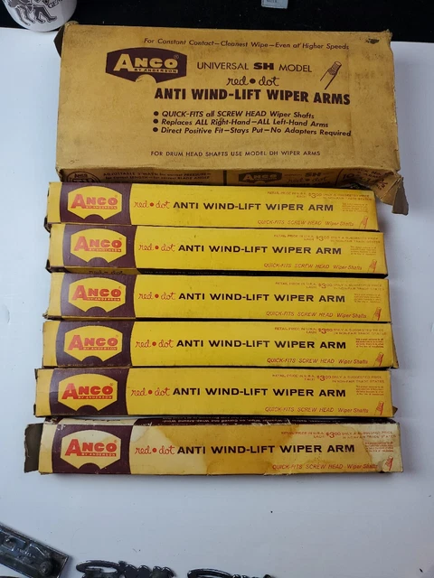 (6) 1960 's NOS ANCO RED DOT ANTI WIND-LIFT WIPER ARM SH MODEL ADJUSTABLE CASE (6) 1960 's NOS ANCO RED DOT ANTI WIND-LIFT WIPER ARM SH MODEL ADJUSTABLE CASE