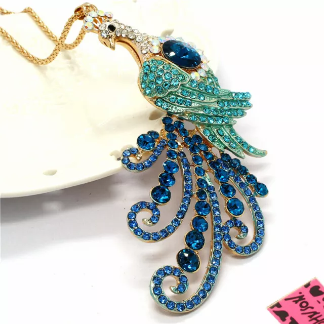 New Betsey Johnson Rhinestone Peacock Blue Crystal Pendant Chain Necklace Gift 2