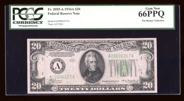 DBR 1934A $20 FRN Boston 2/2 c/o pair Fr. 2055-A PCGS 66 PPQ Serial A29896357A