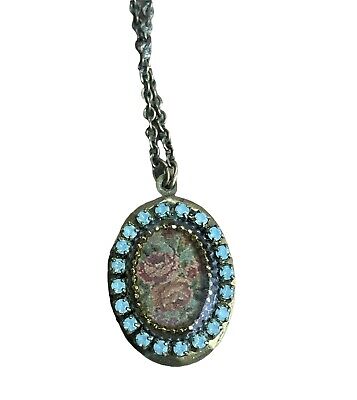 Michal Negrin Signed Rhinestone And Roses Floral Locket Pendant Necklace 18”