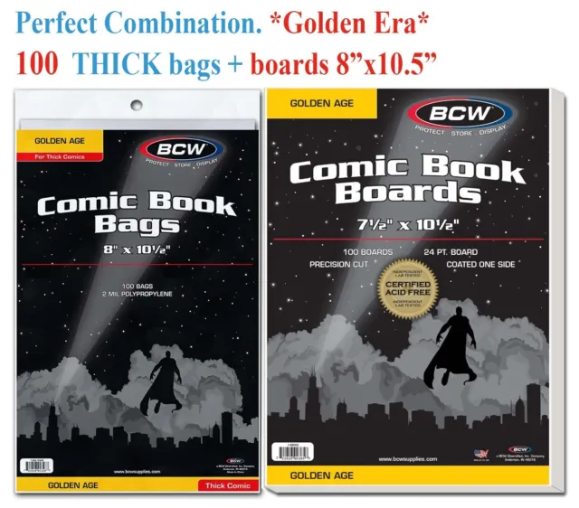 100 BCW Golden Age THIICK Comic Bags Protection Holders Sleeve + Back Boards New