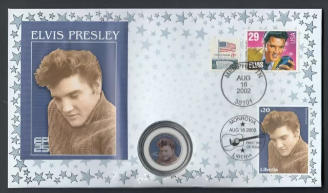 Elvis Presley USA & Liberia stamps on 2002 25th Anniversary Coin Cover Music