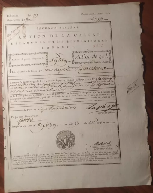 France 1793 Paris Action Caisse Lafarge 90 Livres Pounds Bond Share Loan RARE