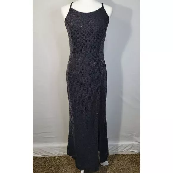 Vintage 90s Y2K Jessica McClintock Gunne Sax Black Sequined Halter Gown 5 6 Slit