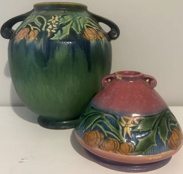 Lot of 2 Roseville Pottery Green & Pink Baneda Vases