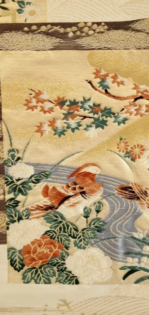 Japanese Kimono Fukuro Obi Vintage Gold Wisteria Rinpa Ducks High Quality Waves 6