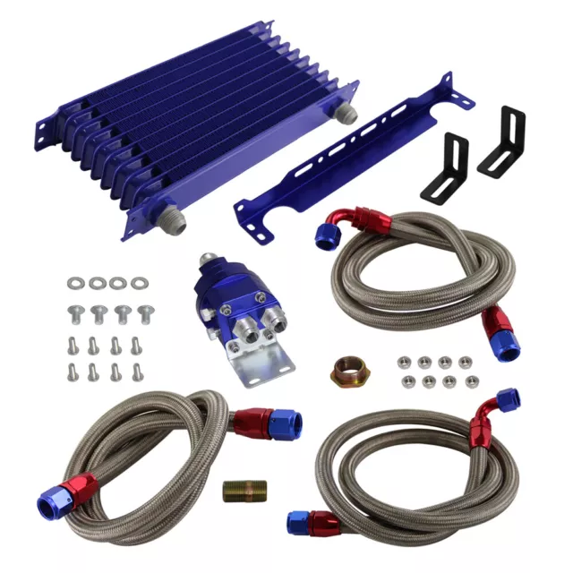 Universal 10 Row AN10 Oil Cooler Kit Oil Filter Relocation Adapter Bracket Blue