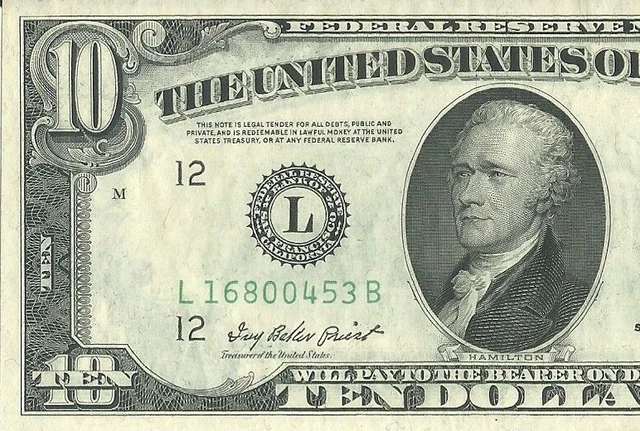L16800453B Ten Dollar Vintage 1950,Beautiful Green Seal. In Excellent Condition