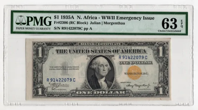 1935A $1  N. Africa- WWII Emergency Issue - FR 2306 (RC Block) - PMG 63 EPQ