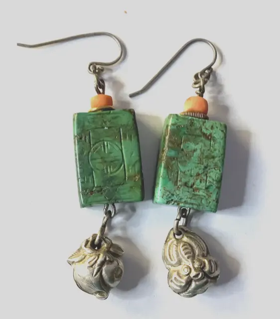 Antique Chinese Sterling Silver Carved Turquoise Shou Coral Qing Charm Earrings