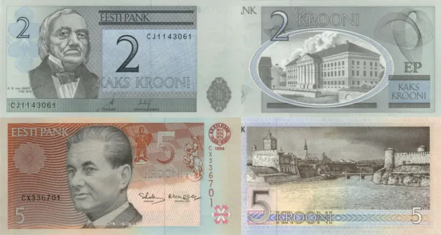 Estonia 2 PCS Set: 2 and 5 Krooni (1994/2007) - P-76, P-85b UNC