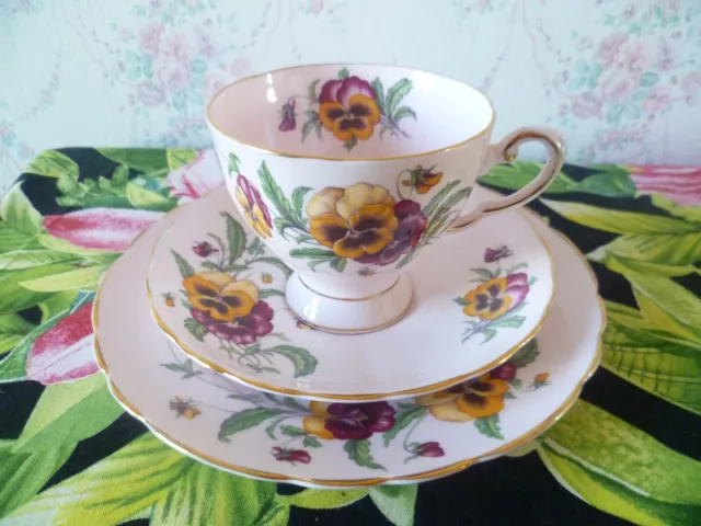 Vintage Tuscan English China Trio Tea Cup Saucer Plate Pansy Pink