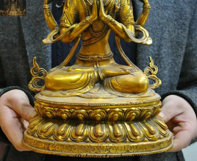 Old Tibetan Buddhism Bronze gilt 4 Arms Chenrezig Kwan-yin Guanyin Buddha Statue 3