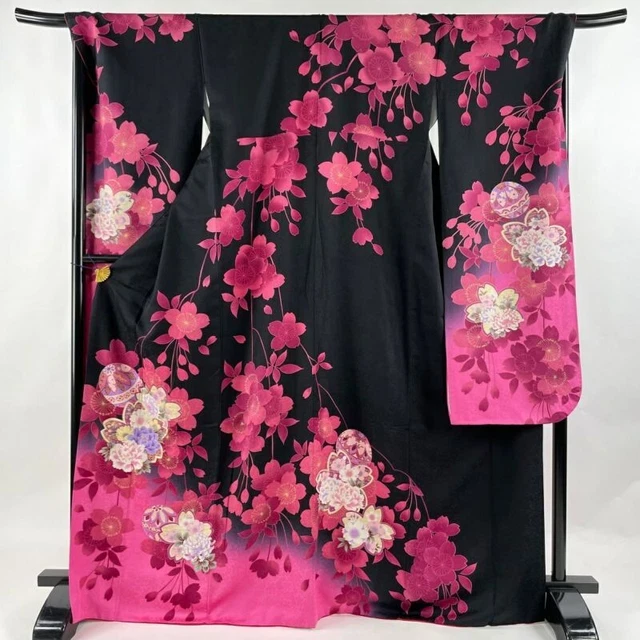 Woman Japanese Kimono Furisode Silk Cherry Blossom Temari Gold Foil Black