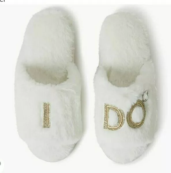 Dearfoams Scuff Slippers  L (9-10)  NWT  White Bride I DO Faux Fur Memory Foam