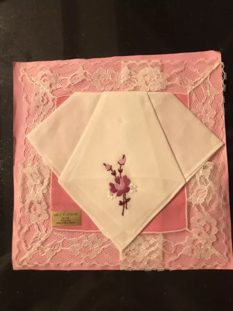 2 Ladies Vintage Lace Embroidered White Pink Floral Cotton Handkerchiefs Hankies