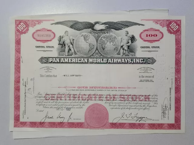 Pan American World Airways Cancelled Stock Certificate