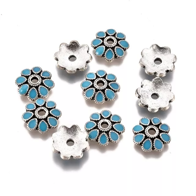 10 Sky Blue Flower Bead Caps - Antique Silver + Enamel - 10mm (Dia) - P00858