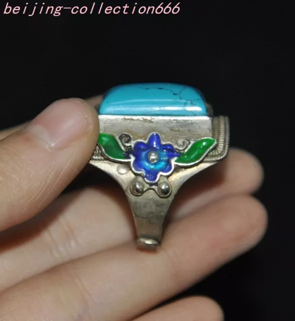 1.12" rare old Chinese silver Inlay Turquoise Gem Cloisonne blue flower ring 3