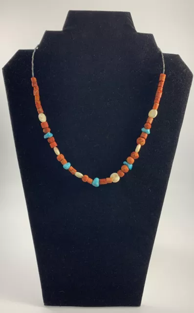 Native American Liquid Silver, Coral, Turquoise, Bovine Beaded Necklace