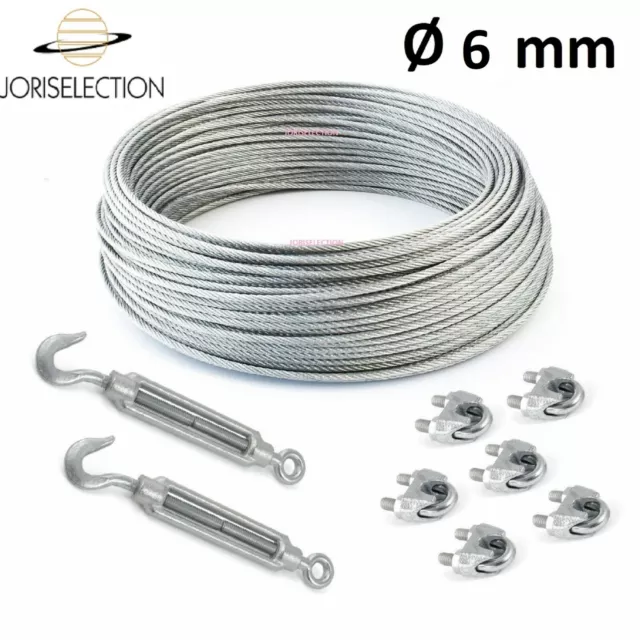 Câble acier galvanisé  Ø  6 mm + 6 serre-câble et 2 tendeurs  LONGUEUR  AU CHOIX