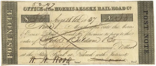 1830's Post Note of Morris & Essex Railroad Co. - Newark, New Jersey - Obsolete