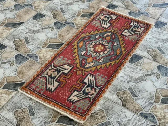 Small Turkish Vintage Oushak Rug, Farmhouse Geometric Handmade Wool Rug, 2x3 Ft