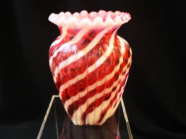 Vintage Fenton Cranberry Opalescent Spiral Optic Glass Vase  5"  1950's ~ EUC