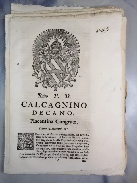 Sentenza 1737 Calcagnino Piacenza Canonici Regolari Santa Eufemia Santa Agata