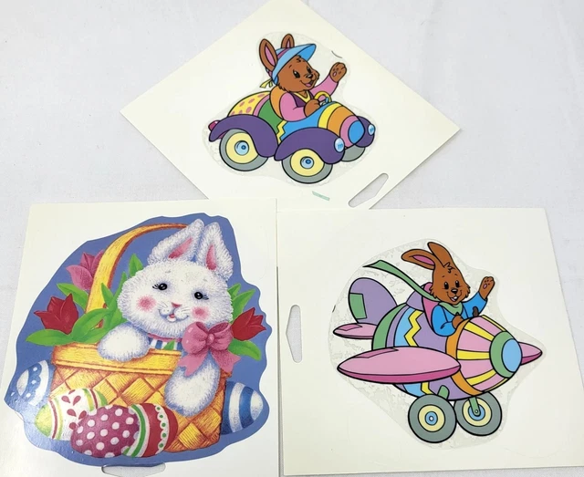VTG Easter Sticker Sheets Basket Eggs Airplane Car Lot of 3 Vinyl Clings 7459