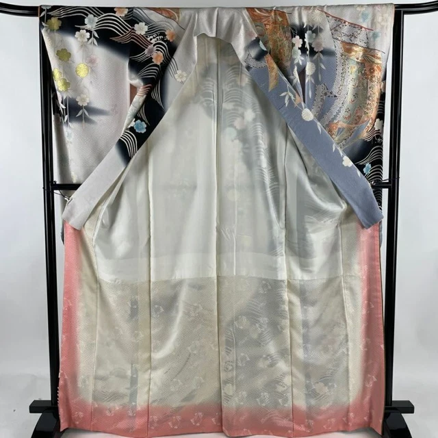 Woman Japanese Kimono Furisode Silk Kicho Embroidery Gold Silver Foil Gray 2