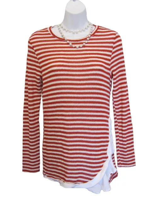 Striped RUFFLE Sweater Juniors Size M Medium Red White Ruffled Hem Malloy Trendy