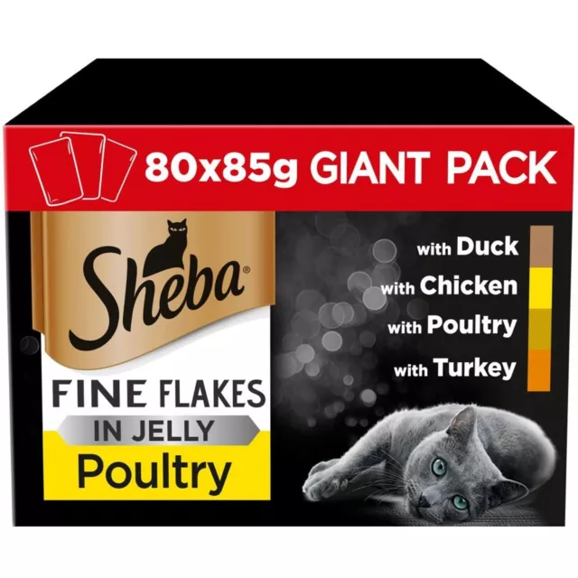 80 x 85g Sheba Fine Flakes Adult Wet Cat Food Pouches Mixed Poultry in Jelly