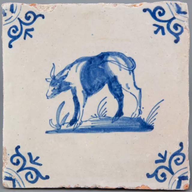 Nice Dutch Delft Blue animal tile, bull, mid 17th century.