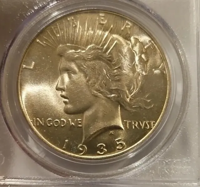 1935 Peace Dollar Pcgs MS63. Sharp Golden Silver Dollar. OGH**