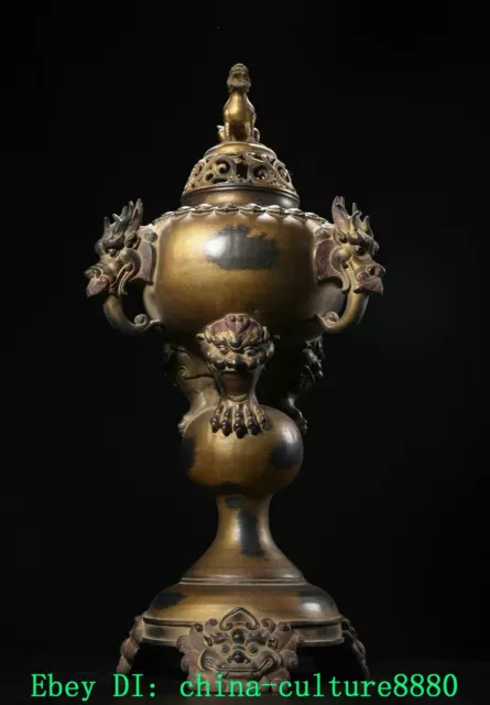 Antique cuivre laqué Dragon peau show tête de bête encensoir censer