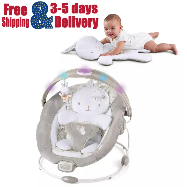 Ingenuity InLighten Baby Bouncer Seat, Light Up Toy Bar, Bunny Tummy Time Pillow