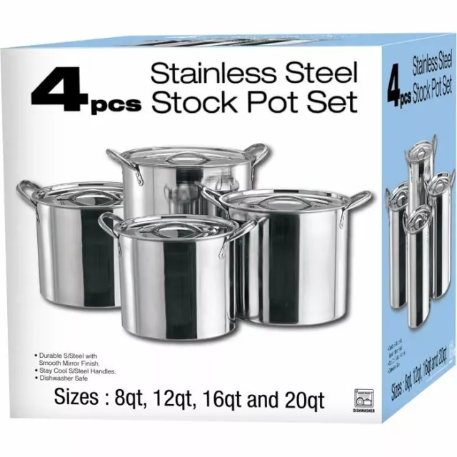 New 4pc Large Stainless Steel Catering Deep Stock Soup Boiling Pot Stockpots Set