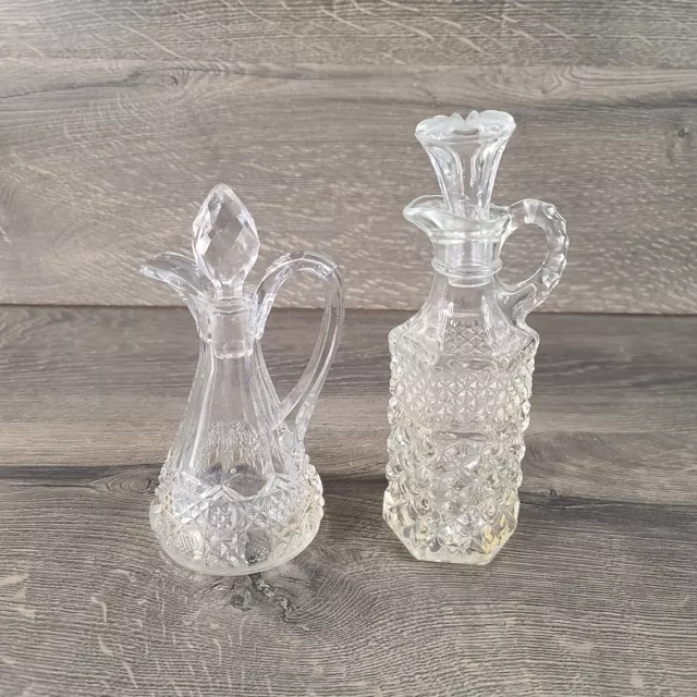 Lot of 2 Vintage Crystal Oil / Vinegar Cruet Bottles Decanter w/ Glass Stoppers