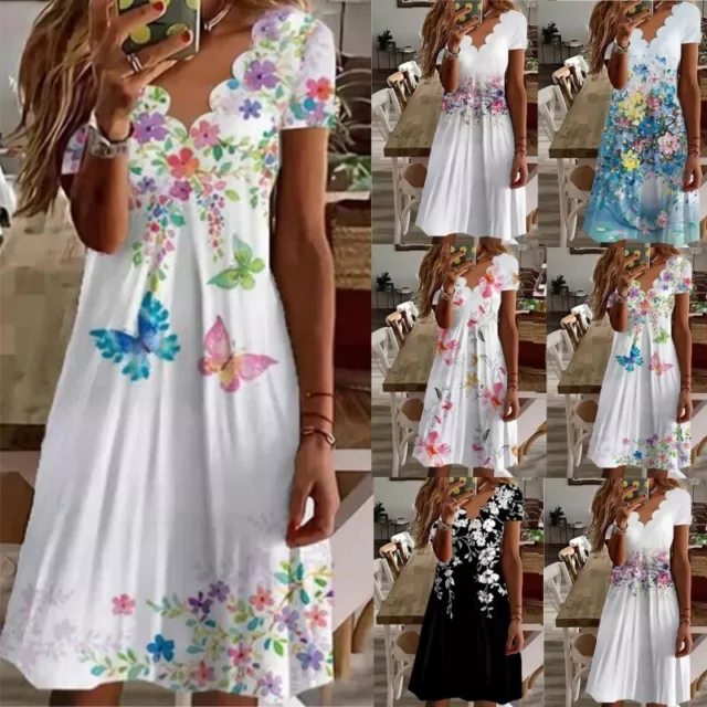 Womens Summer Beach Floral Dress Ladies Party Pullover V-neck Dress UK Plus Size