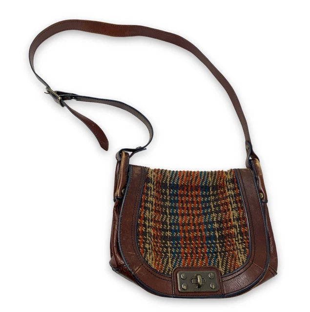 FOSSIL Revival Russet Collection Brown Leather Plaid Tweed Crossbody Bag Purse FOSSIL Revival Russet Collection Brown Leather Plaid Tweed Crossbody Bag Purse