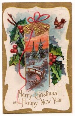 Merry Christmas and Happy New Year Greetings c1908 Holly, rural scene, embossed