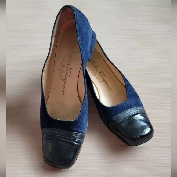 Salvatore Ferragamo navy blue suede low block heels women's shoes Loafer Sz 7