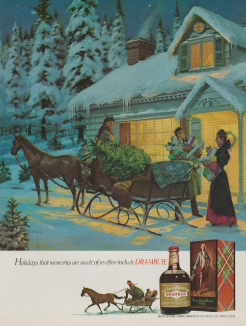 1975 Drambuie Liqueur - One Horse Open Sleigh Christmas Presents - Print Ad Art