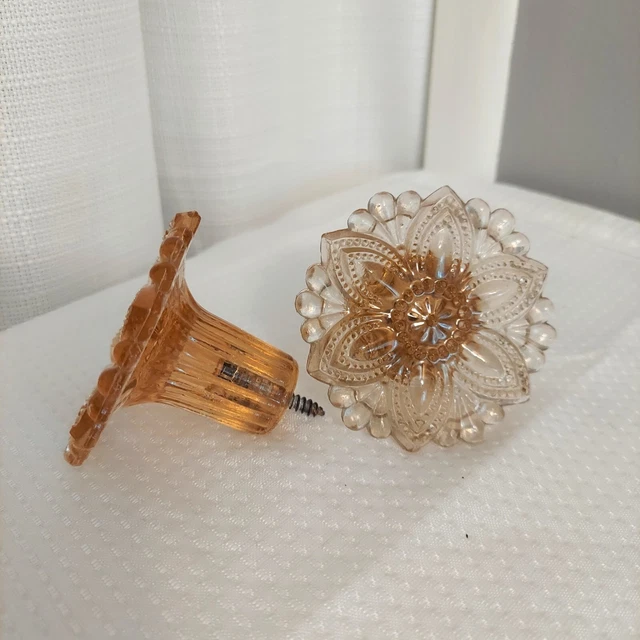 Vintage Curtain Tie Backs Pressed Glass Flower Screw In Drawer Pulls Pink Tan
