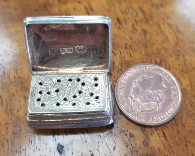 Rare Nathaniel Mills Miniature Silver Vinaigrette Box Antique Early 1842. Snuff