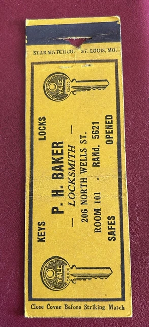 Matchbook Cover P.H. Baker Locksmith 206 North Wells St. 1935