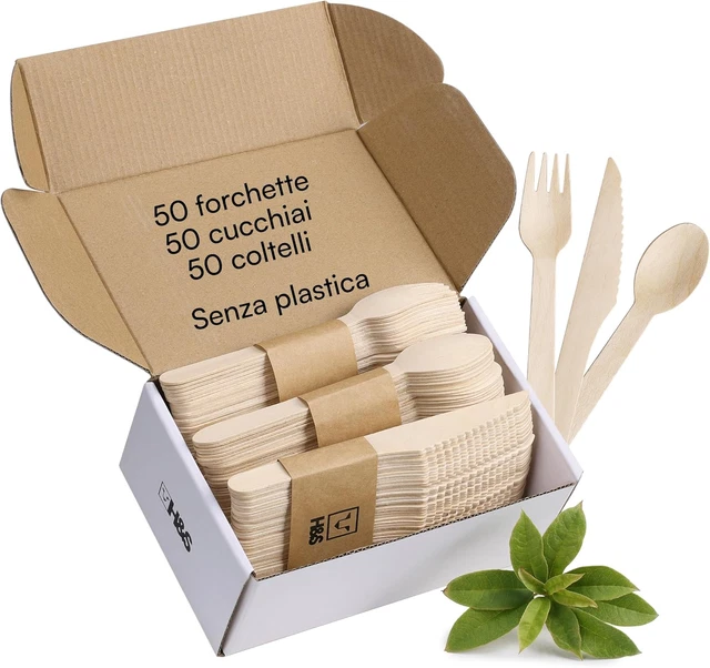 Set Posate Monouso In Legno - 150 Pezzi (50 Forchette, 50 Coltelli, 50 Cucchiai) - Biodegradabili